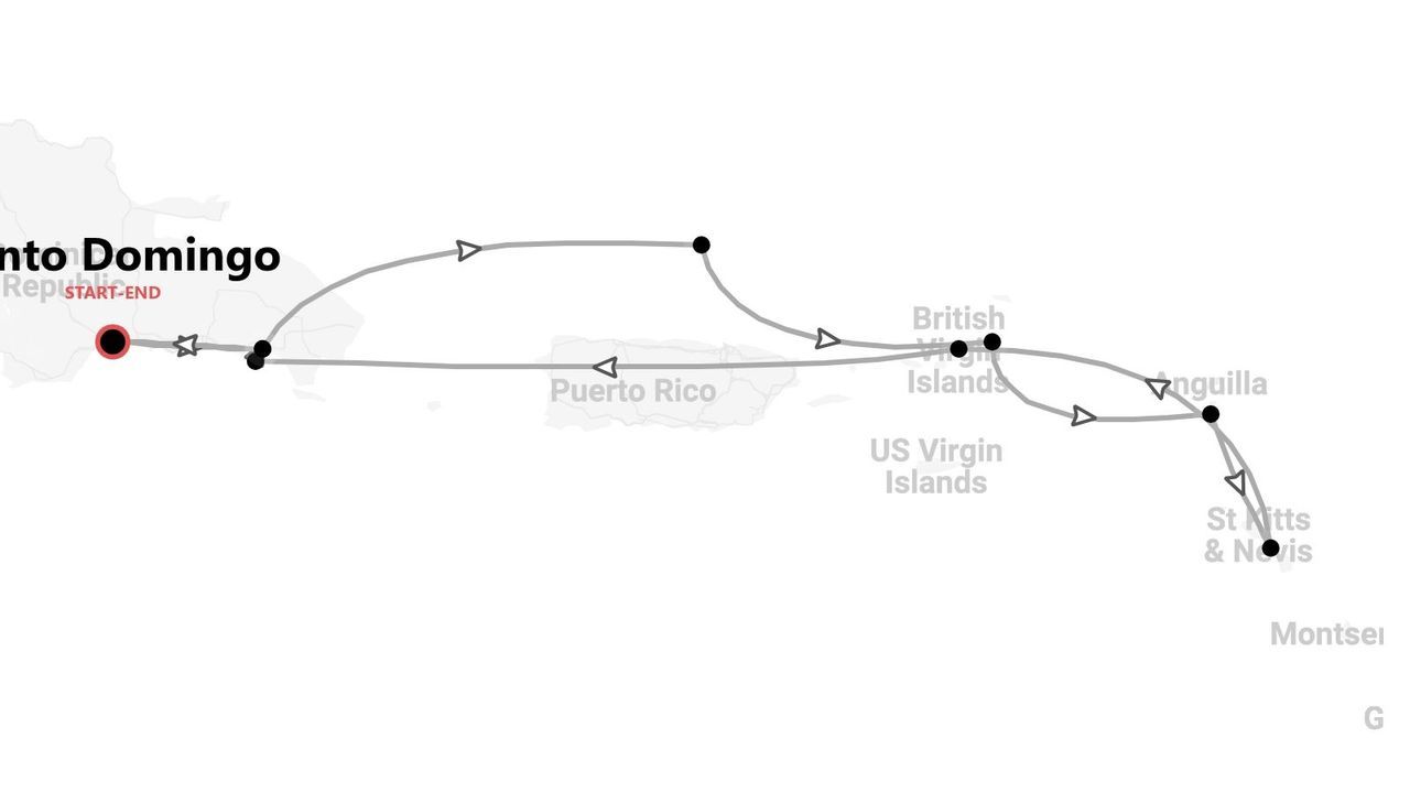 Mappa di un itinerario di viaggio nei Caraibi con partenza e arrivo a Santo Domingo, toccando Porto Rico, le Isole Vergini e Saint Kitts e Nevis.