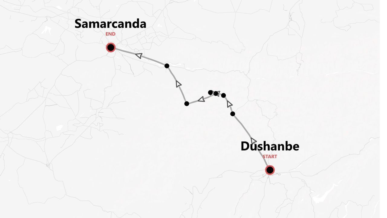 Mappa di un itinerario di viaggio da Dushanbe a Samarcanda, contrassegnata da una linea nera e punti di interesse.