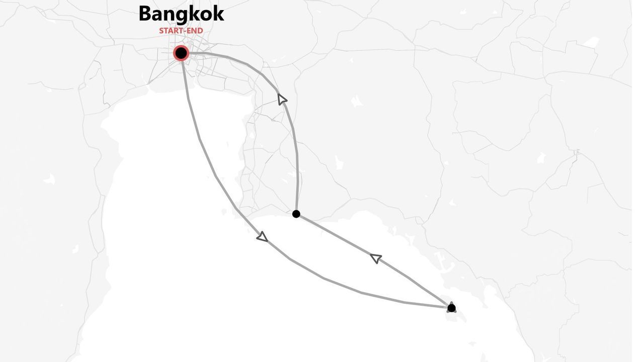 Mappa stilizzata di un itinerario di viaggio con partenza e arrivo a Bangkok, il cui percorso è rappresentato da due anelli.