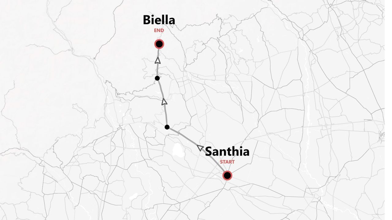 Mappa minimalista del percorso da Santhià a Biella.