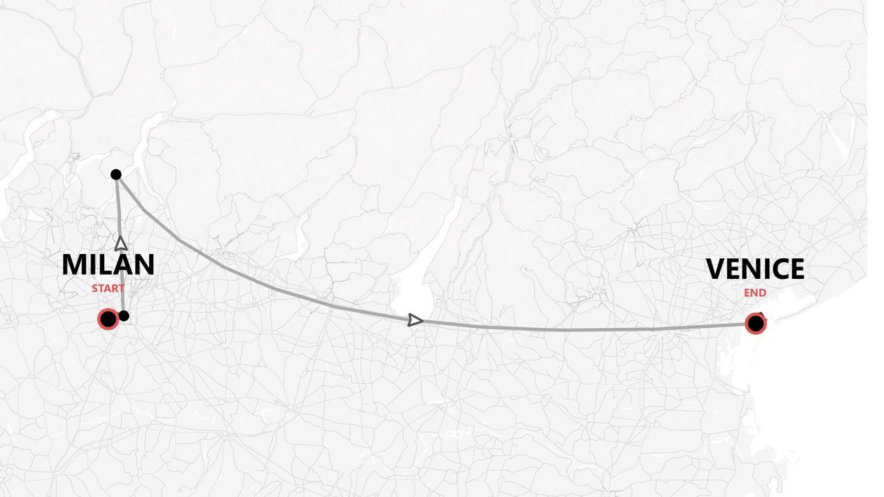 A map showing a travel route starting in Milan and ending in Venice.