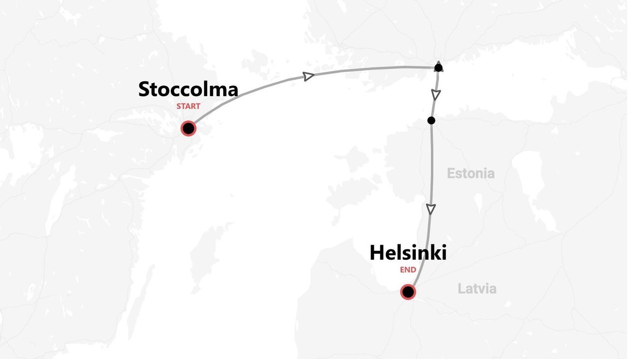 Mappa dell'itinerario di viaggio da Stoccolma a Helsinki, via Estonia.
