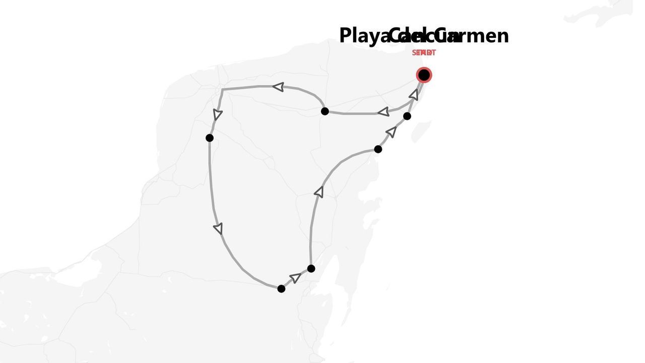 Una mappa minimalista che mostra un itinerario di viaggio con inizio e fine a Playa del Carmen.