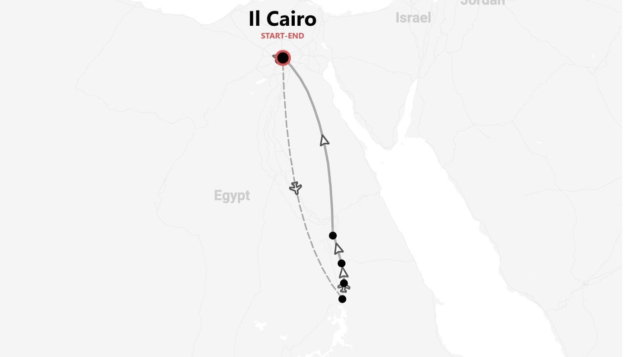 Una mappa di un itinerario di viaggio in Egitto, con partenza e arrivo al Cairo, che mostra un percorso ad anello verso sud e ritorno.