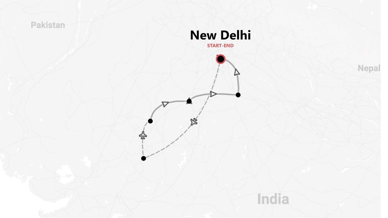 Mappa stilizzata di un itinerario di viaggio in India, con partenza e arrivo a Nuova Delhi, e il percorso indicato da una linea ad anello.