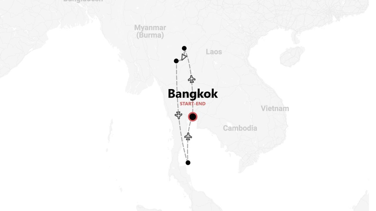 Una mappa che illustra un itinerario di viaggio in Thailandia, con Bangkok come punto di partenza e di arrivo. Il percorso è evidenziato con linee tratteggiate e icone di aerei.