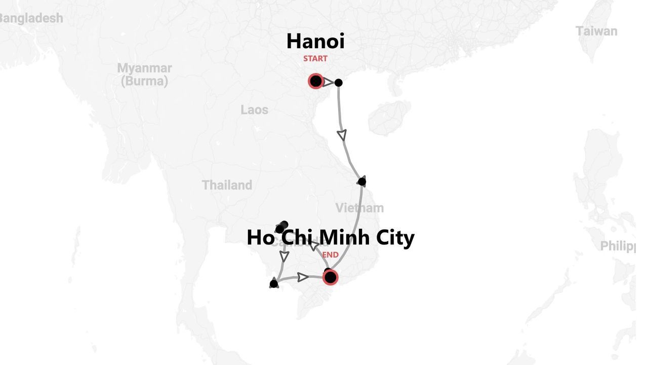 Mappa di un itinerario di viaggio in Vietnam, da Hanoi a Ho Chi Minh City.