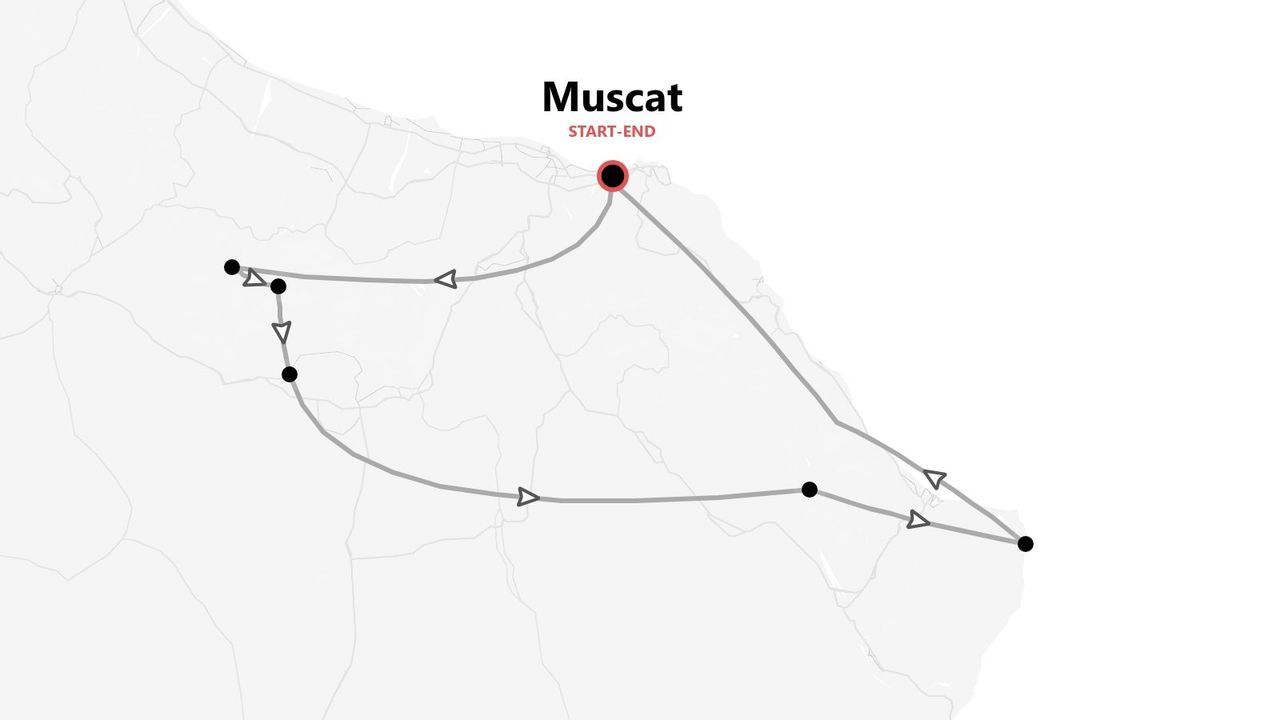 Una mappa minimalista che mostra un itinerario di viaggio che inizia e finisce nella città di Mascate.