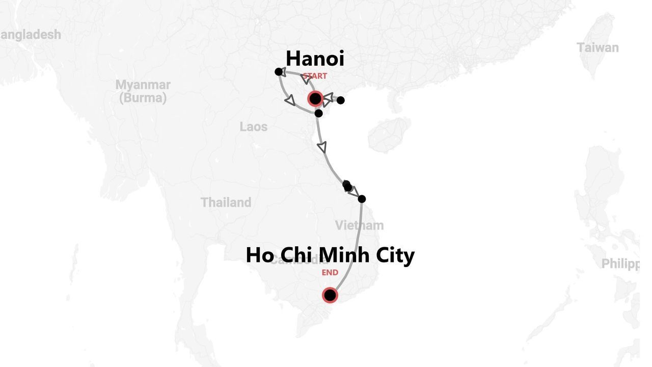 Mappa di un itinerario di viaggio in Vietnam, da Hanoi a Ho Chi Minh City.