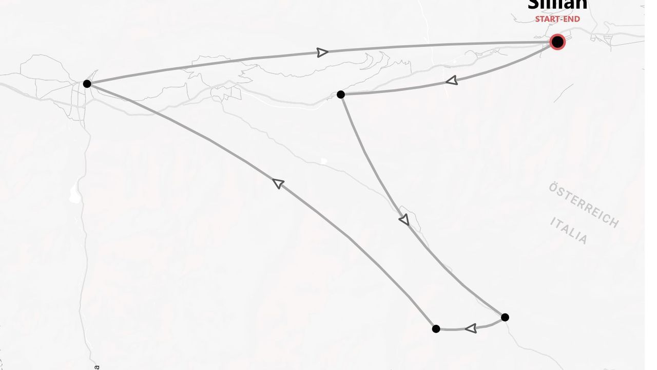 Mappa di un itinerario di viaggio con partenza e arrivo a Sillian, Austria, che attraversa una sezione dell'Italia.
