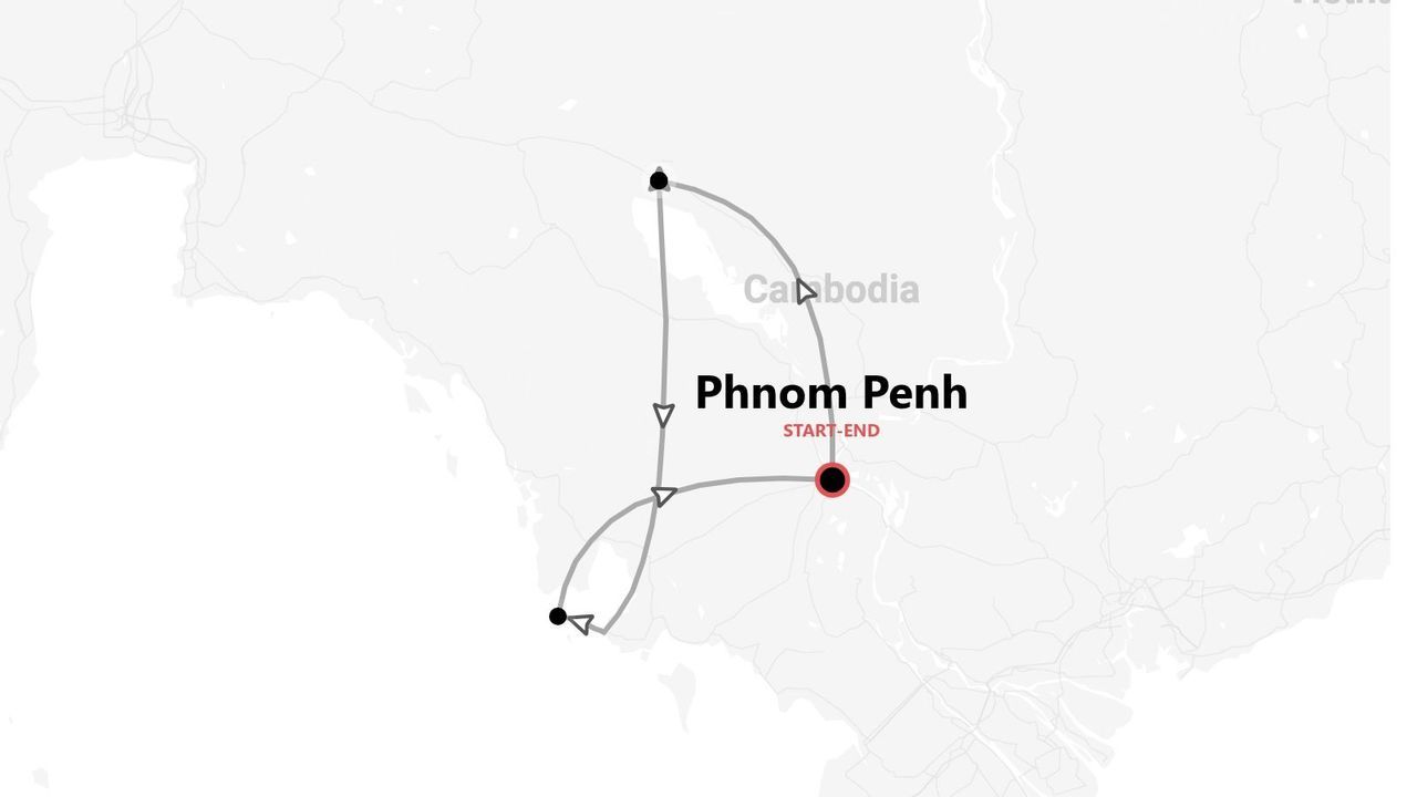 Mappa di un itinerario di viaggio in Cambogia, che mostra un circuito con partenza e arrivo nella capitale, Phnom Penh.