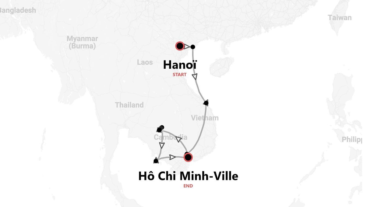 Une carte montrant un itinéraire de voyage à travers le Vietnam et le Cambodge, commençant à Hanoï et se terminant à Hô Chi Minh-Ville.