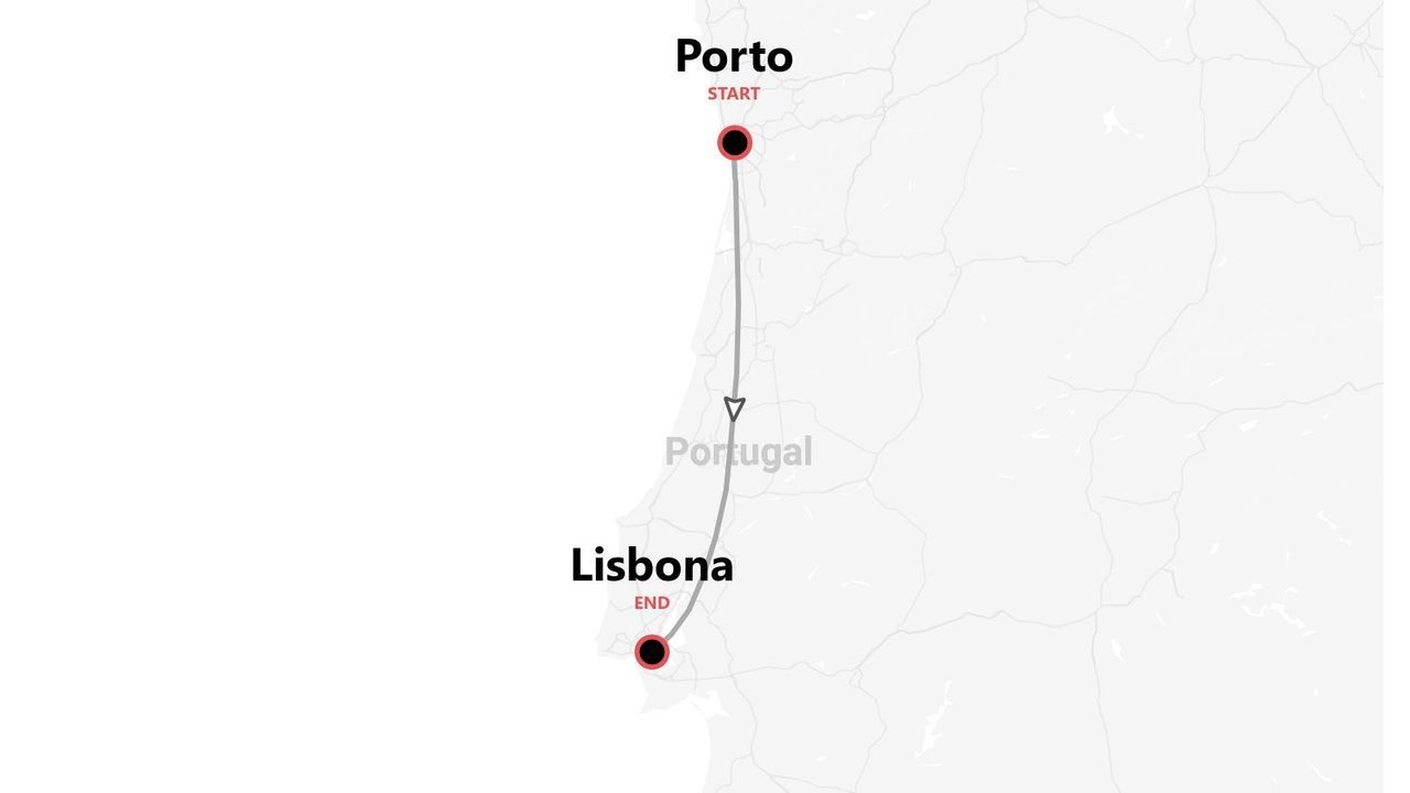 Una mappa che mostra un itinerario di viaggio attraverso il Portogallo, partendo da Porto e terminando a Lisbona.