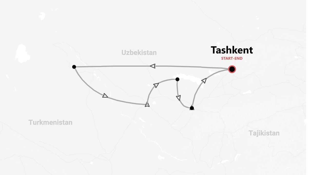 Mappa di un itinerario di viaggio in Uzbekistan, con partenza e arrivo a Tashkent e i paesi circostanti indicati.
