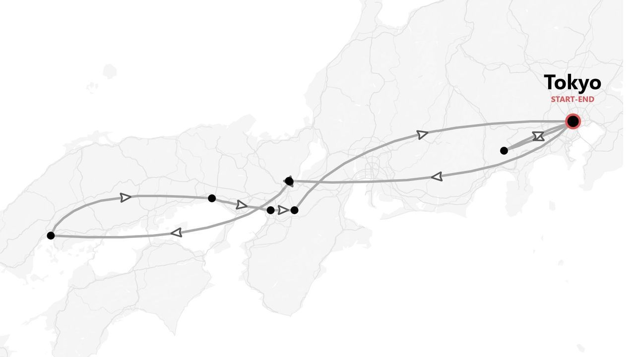 Una mappa in scala di grigi del Giappone che illustra un itinerario di viaggio con inizio e fine a Tokyo.