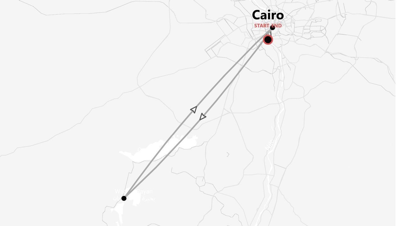 Mappa di un itinerario di viaggio che mostra un percorso di andata e ritorno dal Cairo, punto di partenza e arrivo, a Wadi El Rayan.