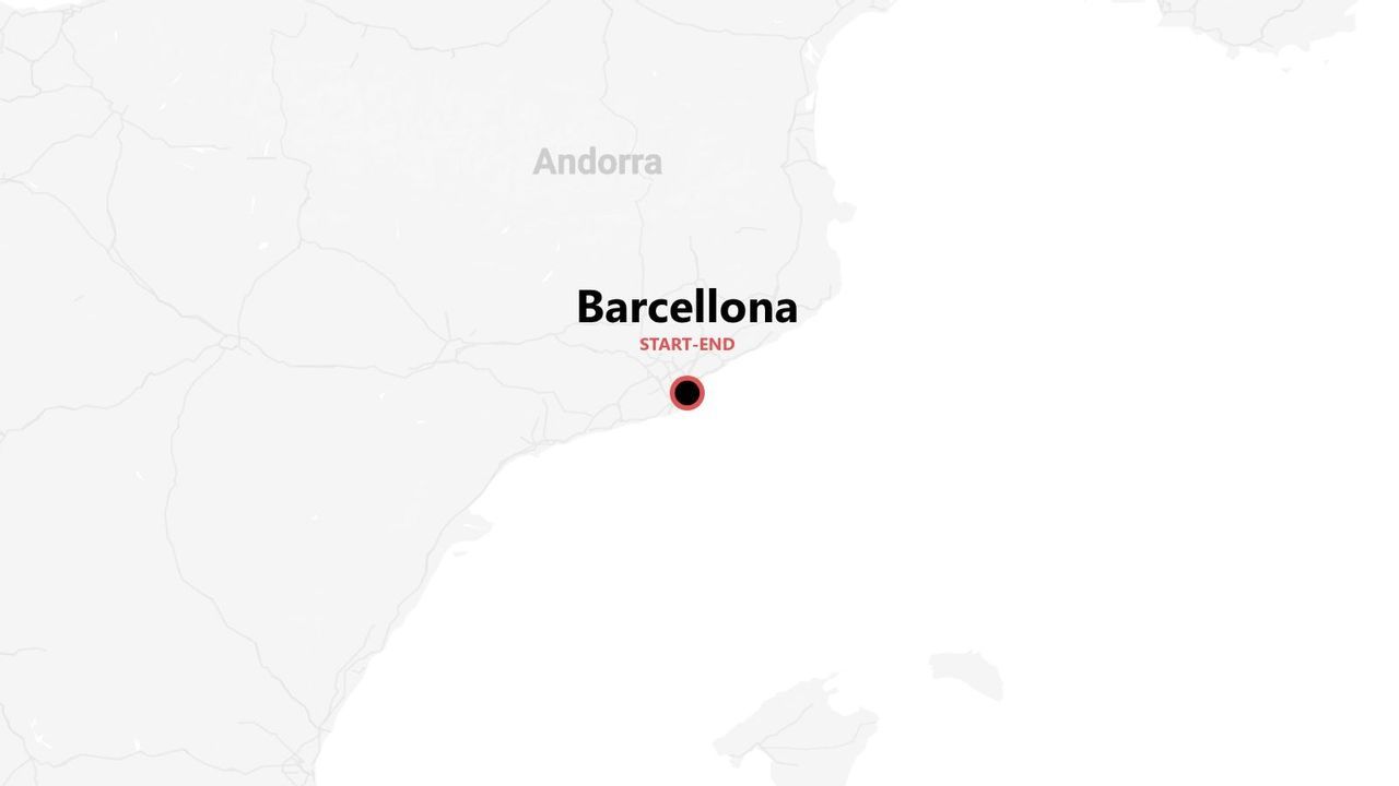 Una mappa semplice che mostra un itinerario di viaggio con Barcellona, Spagna, come punto di partenza e arrivo. Andorra è visibile nelle vicinanze.