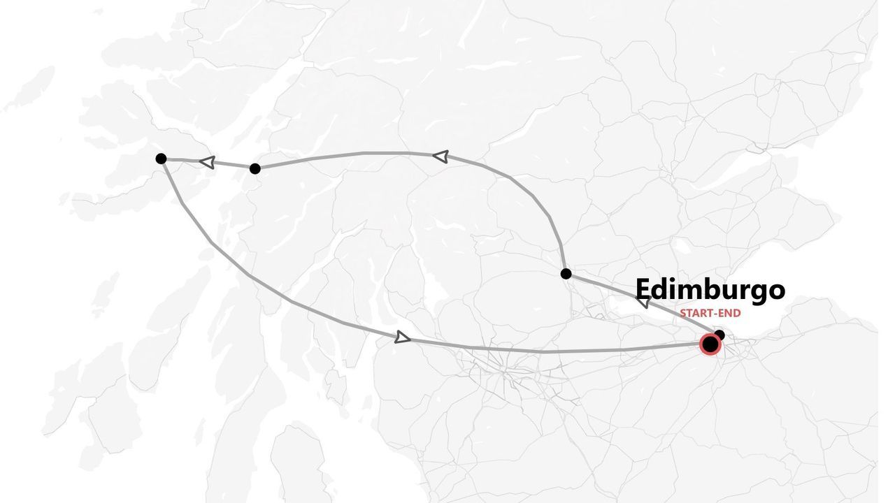 Una mappa che mostra un percorso turistico attraverso la Scozia che inizia e finisce a Edimburgo.