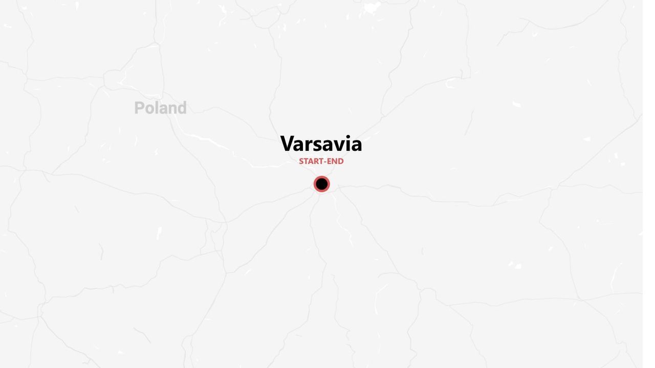 Una mappa minimalista della Polonia che mostra la città di Varsavia indicata con una puntina come punto di partenza e arrivo di un viaggio.