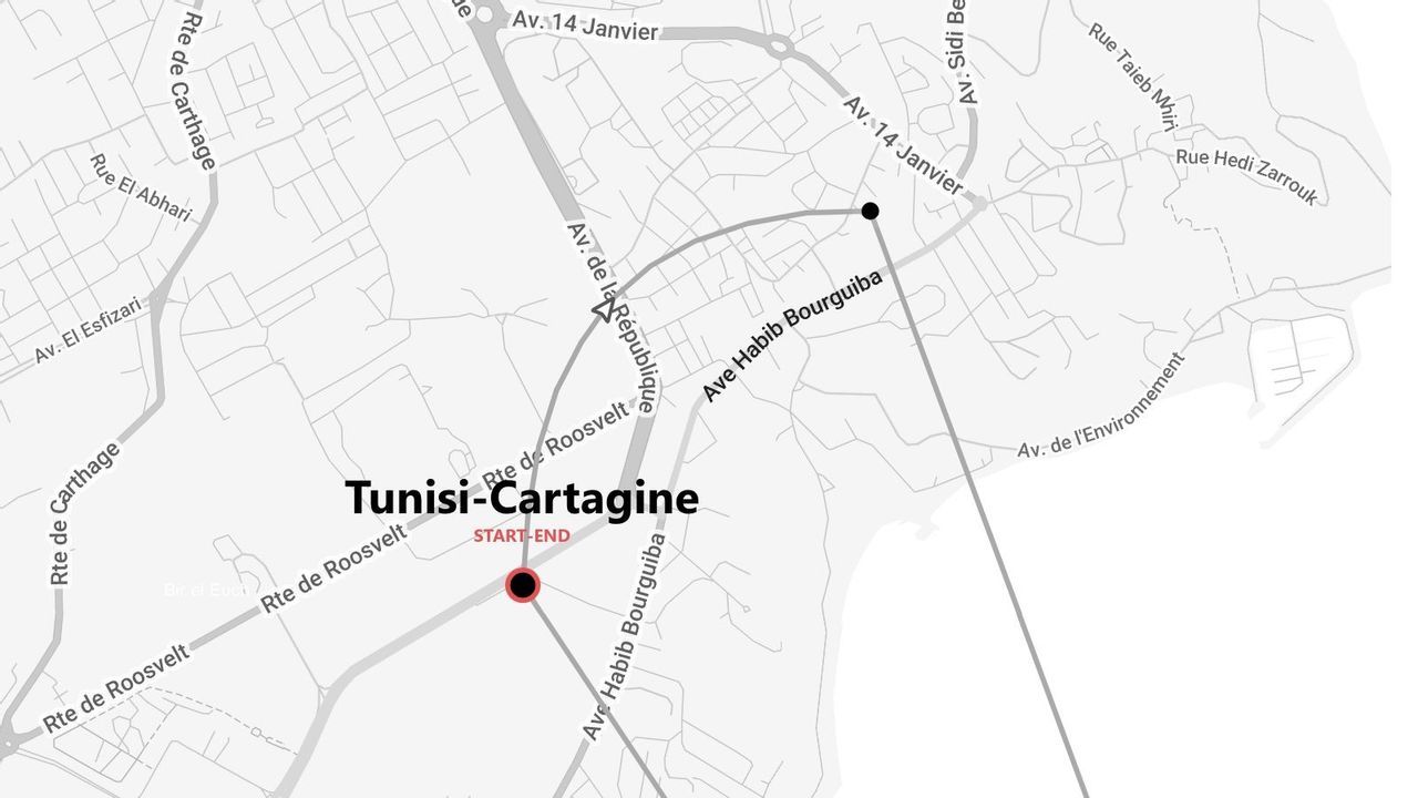 Mappa del percorso Tunisi-Cartagine, con partenza e arrivo su Rte de Roosvelt.