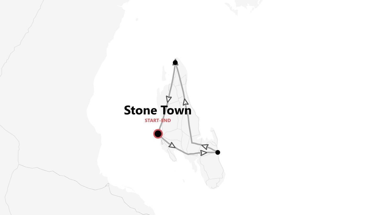 Una mappa stilizzata di un'isola che illustra un itinerario di viaggio con partenza e arrivo a Stone Town.