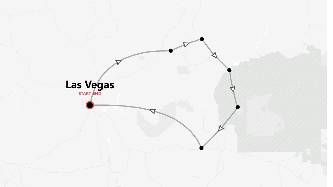 Mappa di un itinerario circolare di viaggio con partenza e arrivo a Las Vegas e tappe segnate lungo il percorso.