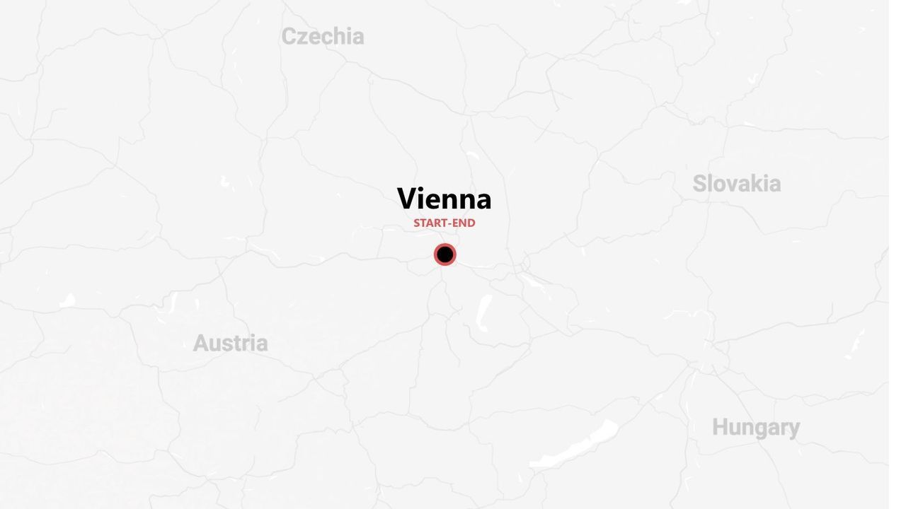 Un mapa que muestra Viena, Austria, como punto de inicio y fin de un viaje, con los países vecinos Chequia, Eslovaquia y Hungría visibles.