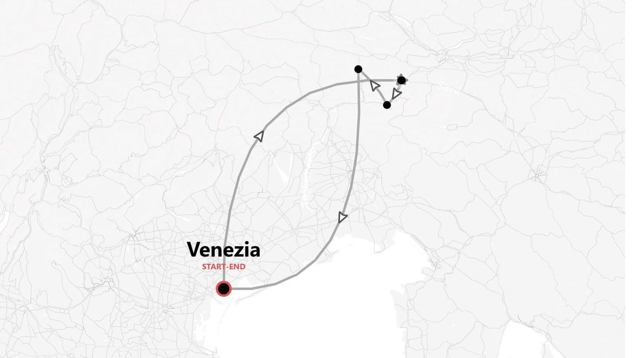 Una mappa che mostra un itinerario di viaggio che inizia e finisce a Venezia, con il percorso ad anello segnato da una linea grigio scuro e frecce.