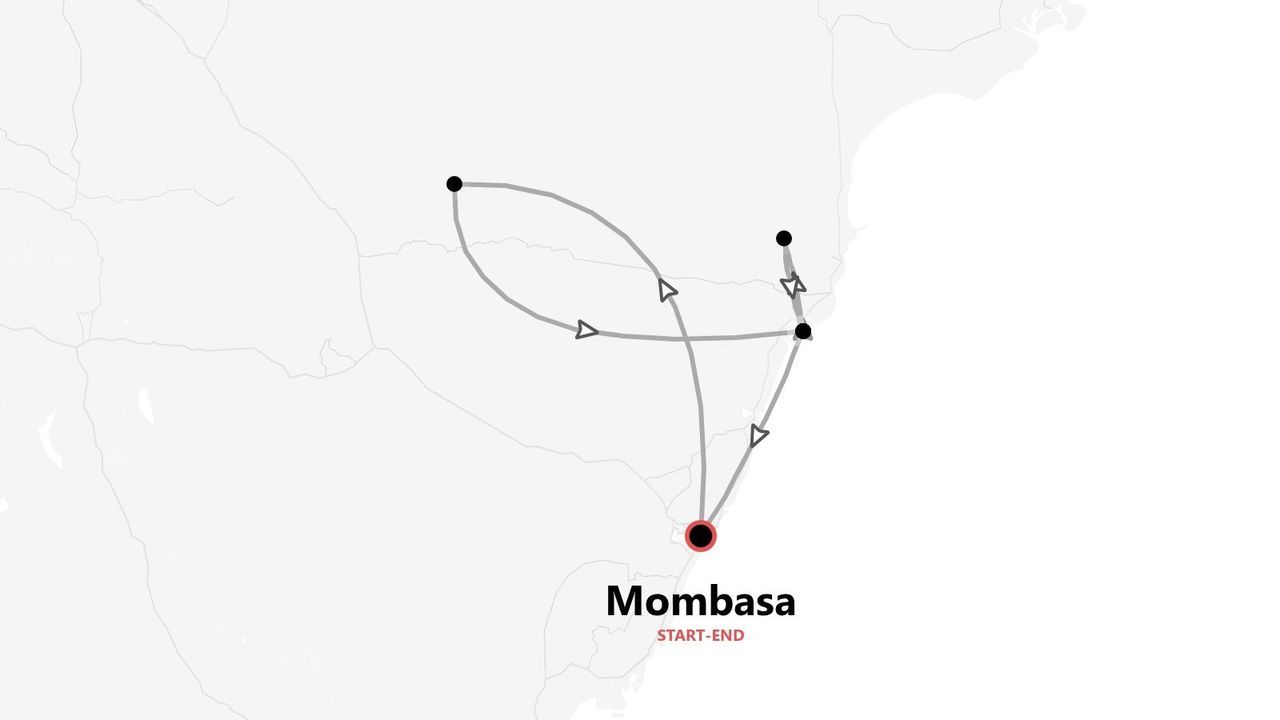 A simplified map showing a travel itinerary with multiple stops, where the route starts and ends in Mombasa.