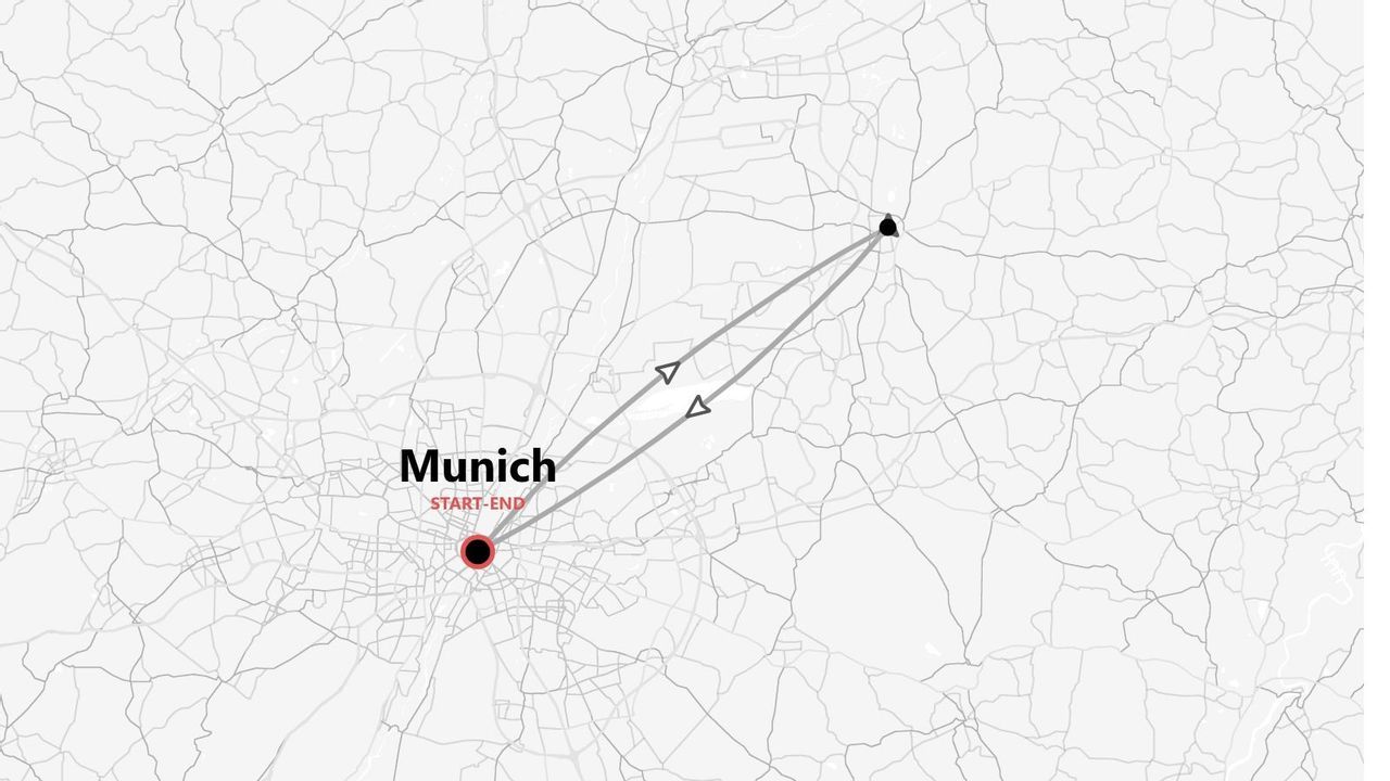 Una mappa stilizzata che mostra un itinerario circolare con partenza e arrivo a Monaco, indicato da un punto rosso.