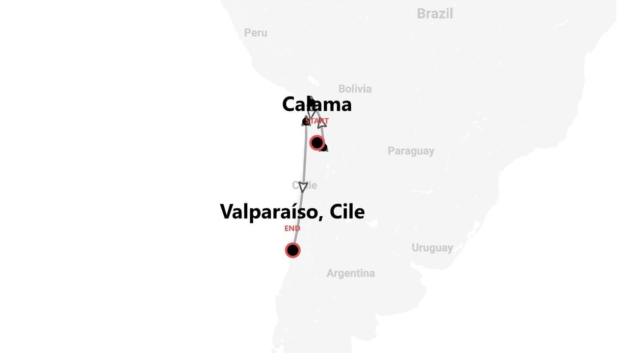 Mappa di un itinerario di viaggio attraverso il Cile, con partenza da Calama e arrivo a Valparaíso, su sfondo del Sud America.