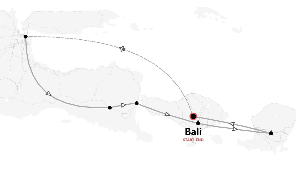 A map illustrating a travel itinerary starting and ending in Bali, showing both land routes and a flight path across islands.