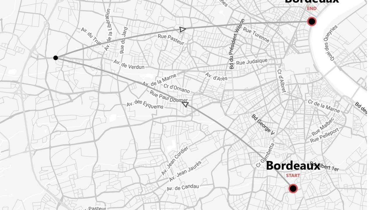 Una mappa stradale in scala di grigi di Bordeaux che mostra un percorso con punti di inizio e fine segnati.