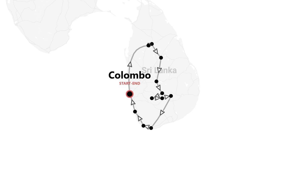 Carte d'un itinéraire de voyage circulaire au Sri Lanka, débutant et se terminant à Colombo.