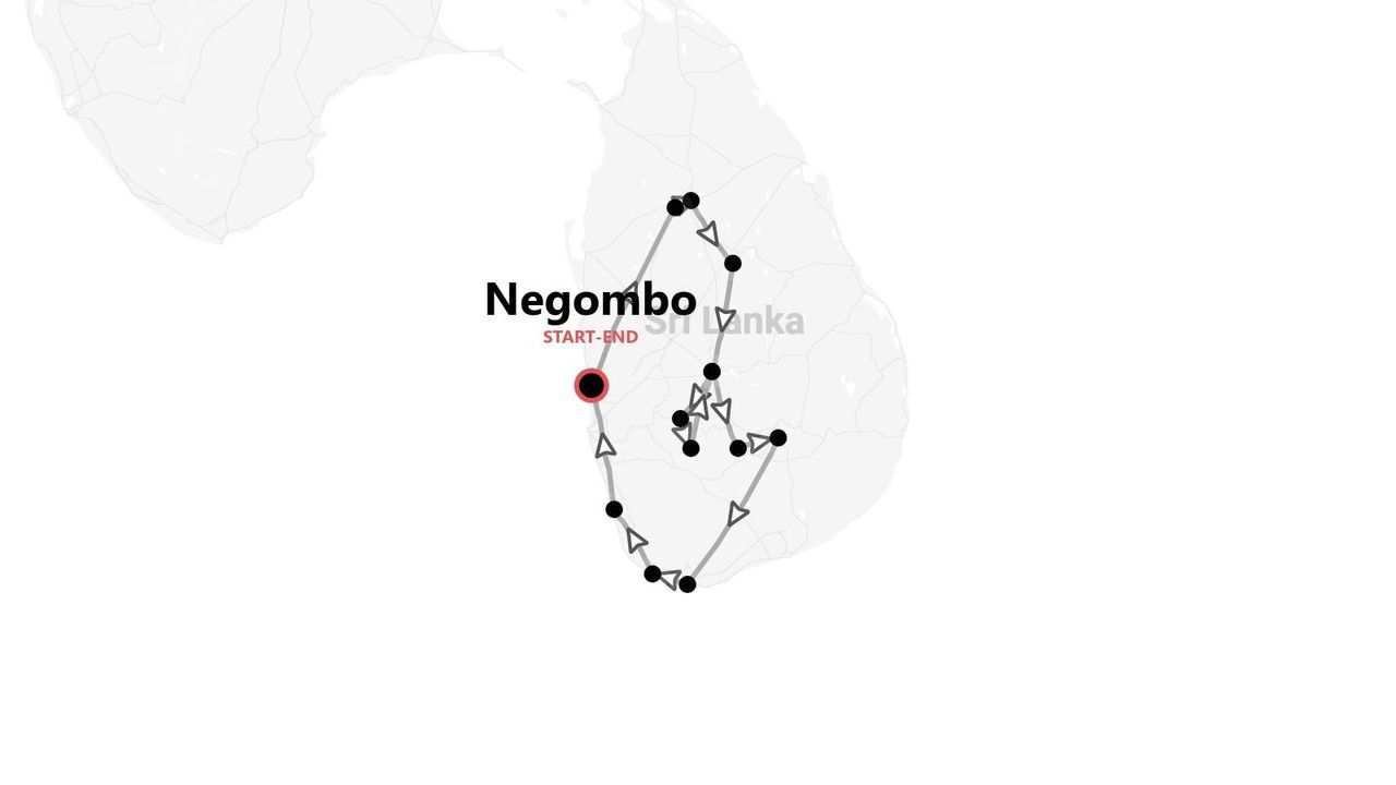 Un mapa minimalista que muestra una ruta de itinerario de viaje a través de Sri Lanka, con un punto de inicio y fin en Negombo.