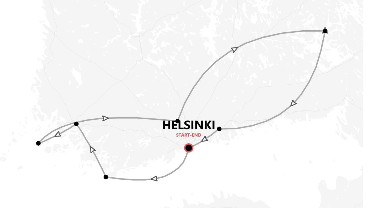 Une carte présentant un itinéraire de voyage avec plusieurs arrêts, débutant et se terminant à Helsinki, en Finlande.