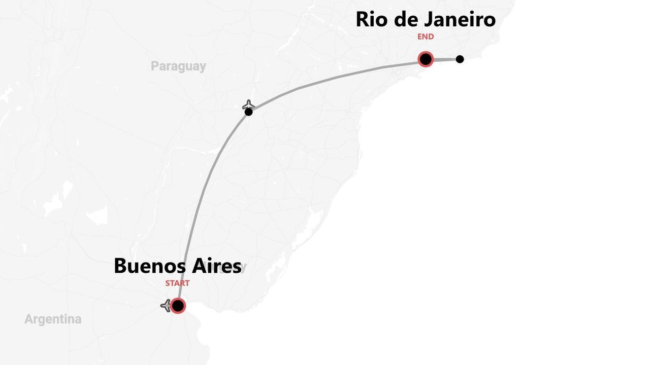 Eine Karte, die eine Flugreise von Buenos Aires, Argentinien, nach Rio de Janeiro zeigt.