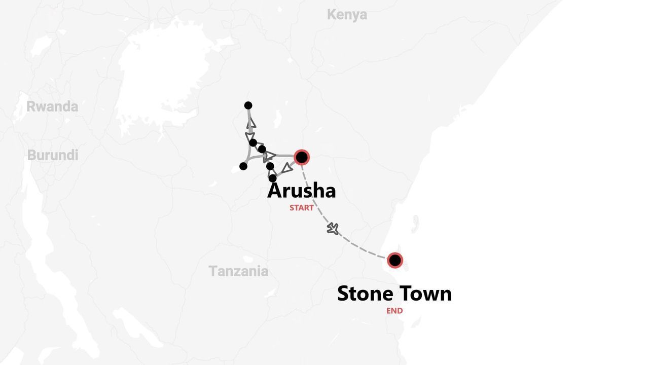 Un mapa que muestra un itinerario de viaje en Tanzania, comenzando en Arusha con varias paradas y terminando en Stone Town después de un vuelo.