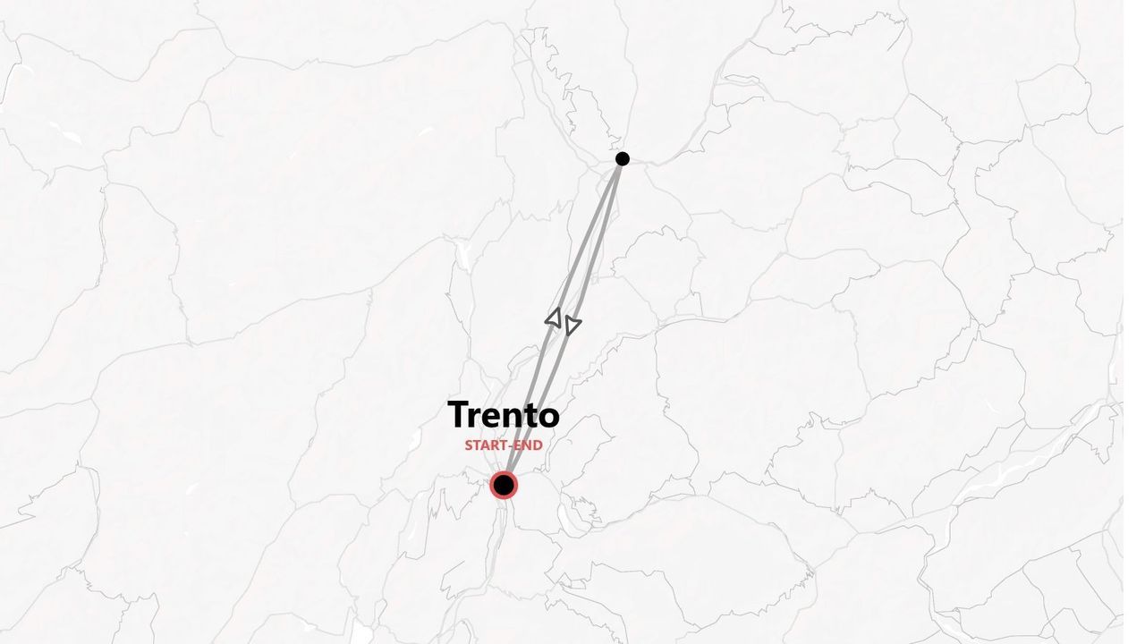 Una mappa stilizzata che illustra un itinerario circolare con Trento come punto di partenza e di arrivo.