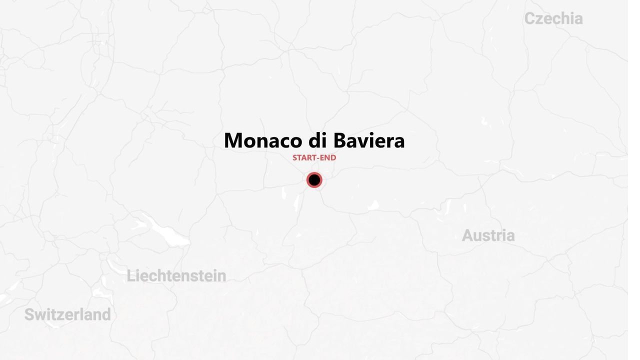 Mappa dell'Europa Centrale con Monaco di Baviera come punto di partenza e arrivo di un viaggio.