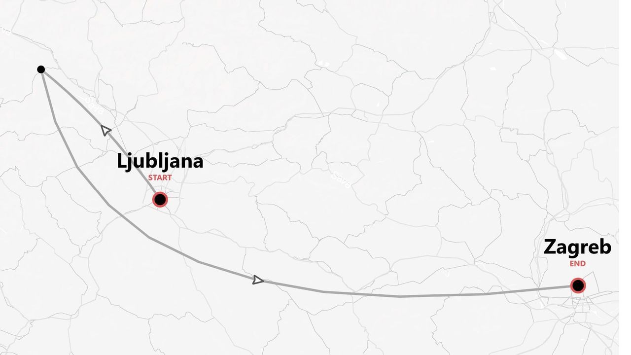 A map showing a travel route starting in Ljubljana and ending in Zagreb, with the path marked by a line and arrows.