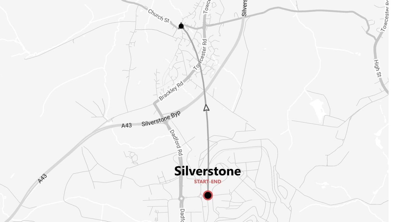 A grayscale map showing a route with a start-end point in Silverstone, highlighting local roads such as Dadford Rd and Towcester Rd.