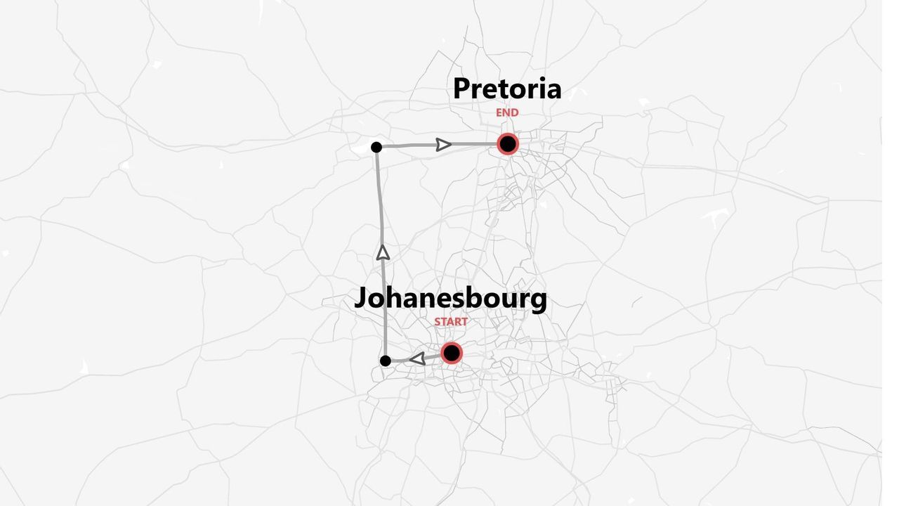 Une carte d'itinéraire de voyage montrant un chemin commençant à Johannesbourg et se terminant à Pretoria avec des flèches directionnelles.
