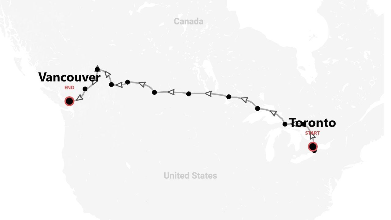 Una mappa dell'itinerario di viaggio che mostra un percorso attraverso il Canada con partenza da Toronto e arrivo a Vancouver.