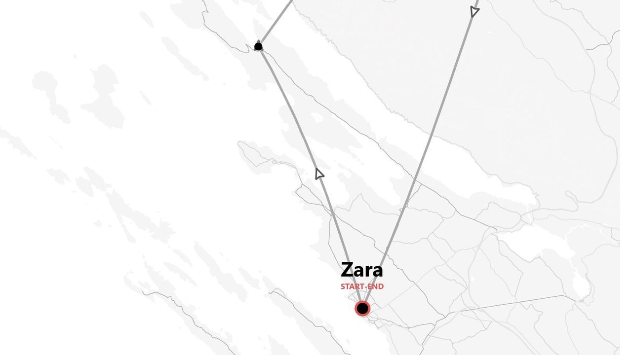 Una mappa dell'itinerario di viaggio che mostra un percorso triangolare con partenza e arrivo a Zara e frecce direzionali.