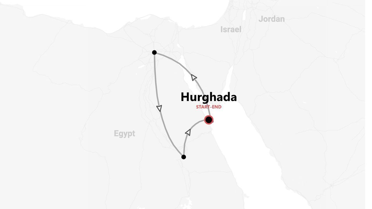 Eine Reiseroute durch Ägypten, die in Hurghada beginnt und endet und über nördliche und südliche Reiseziele führt.