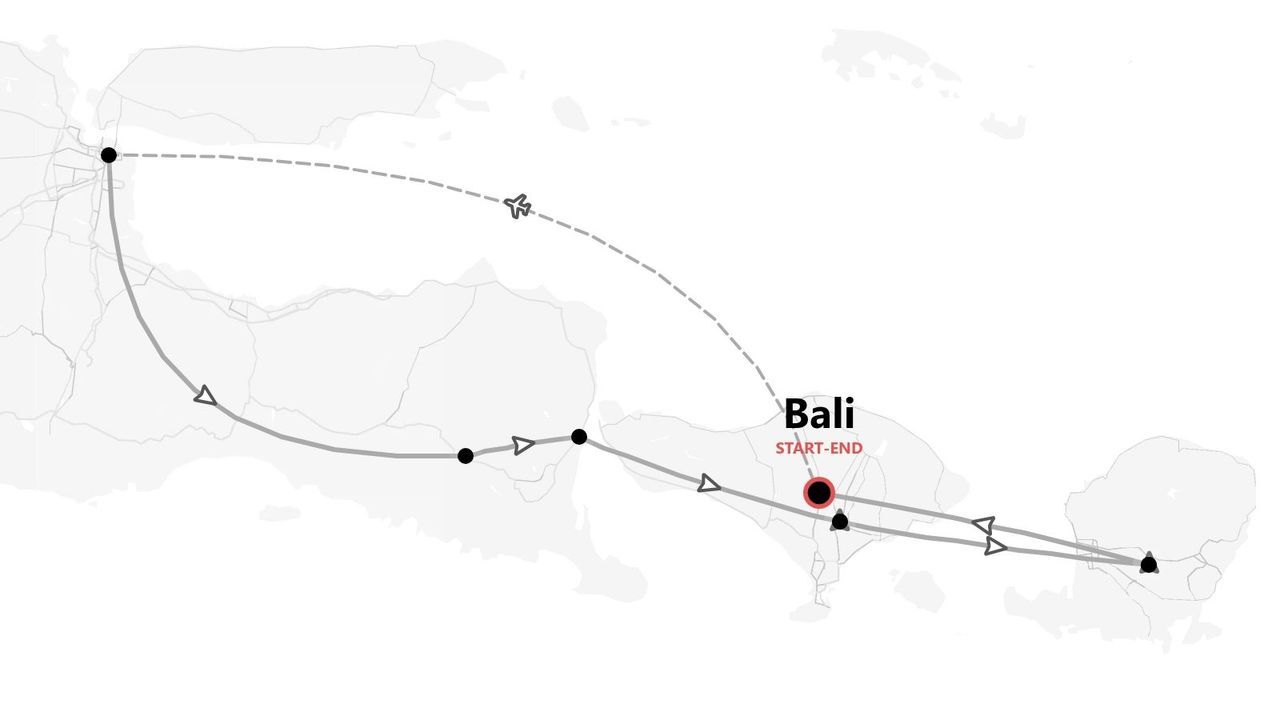 Travel itinerary map showing a route across Indonesian islands, starting and ending in Bali with a flight and land path.