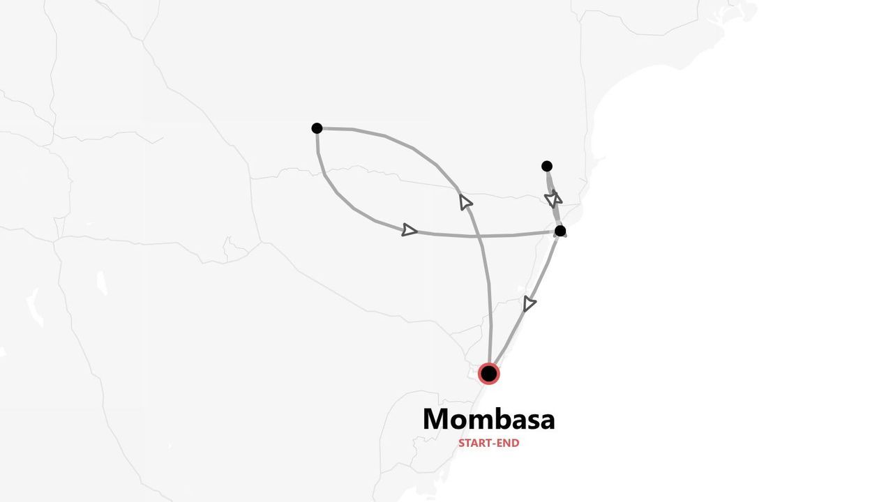 A travel itinerary route map in Kenya starting and ending in Mombasa with directional arrows connecting several stops.