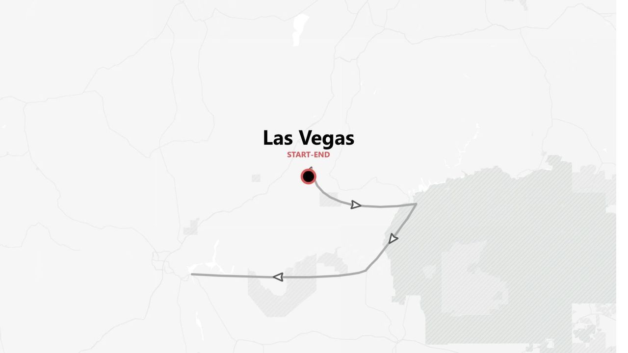 A travel route map showing an itinerary loop starting and ending in Las Vegas.