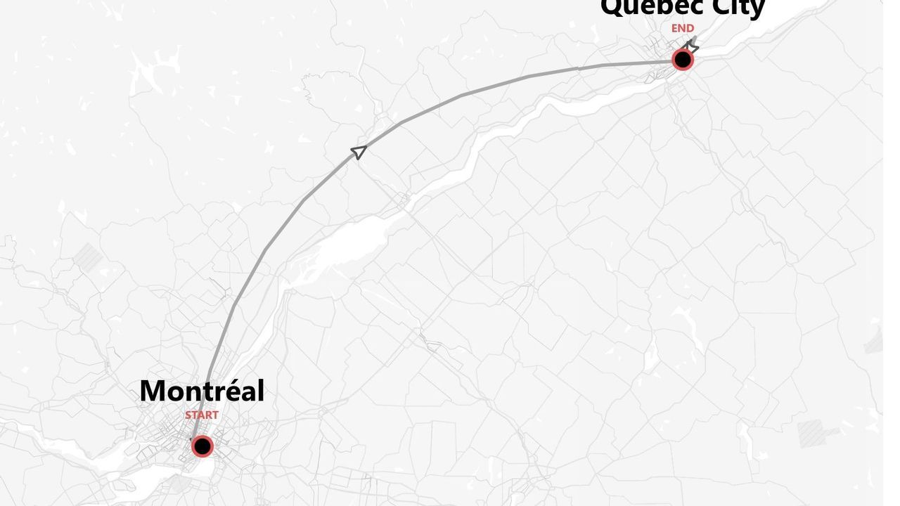 A travel route map showing a journey starting in Montréal and ending in Quebec City.